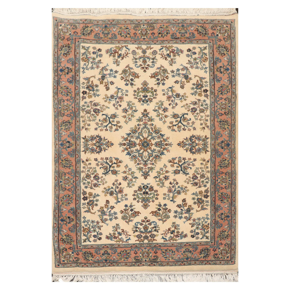 4x6 Ivory, Rose, Blue Color Hand Knotted Kerman 100% Wool Traditional Oriental Rug