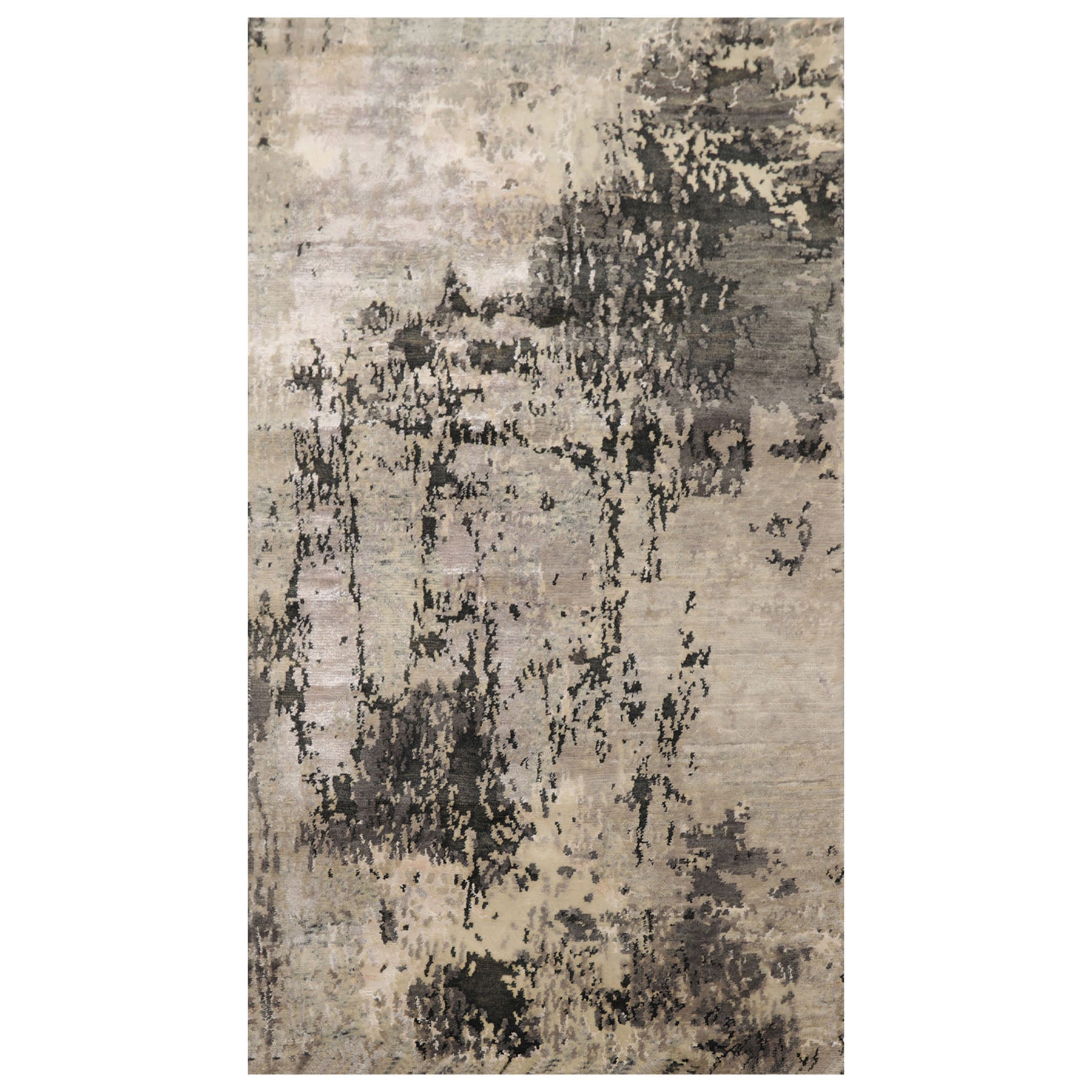 Knotted Rug Gray Ivory Hand Knotted 3'x5' Abstract Modern Contemporary Tibetan Wool and Silk Oriental Area Rug