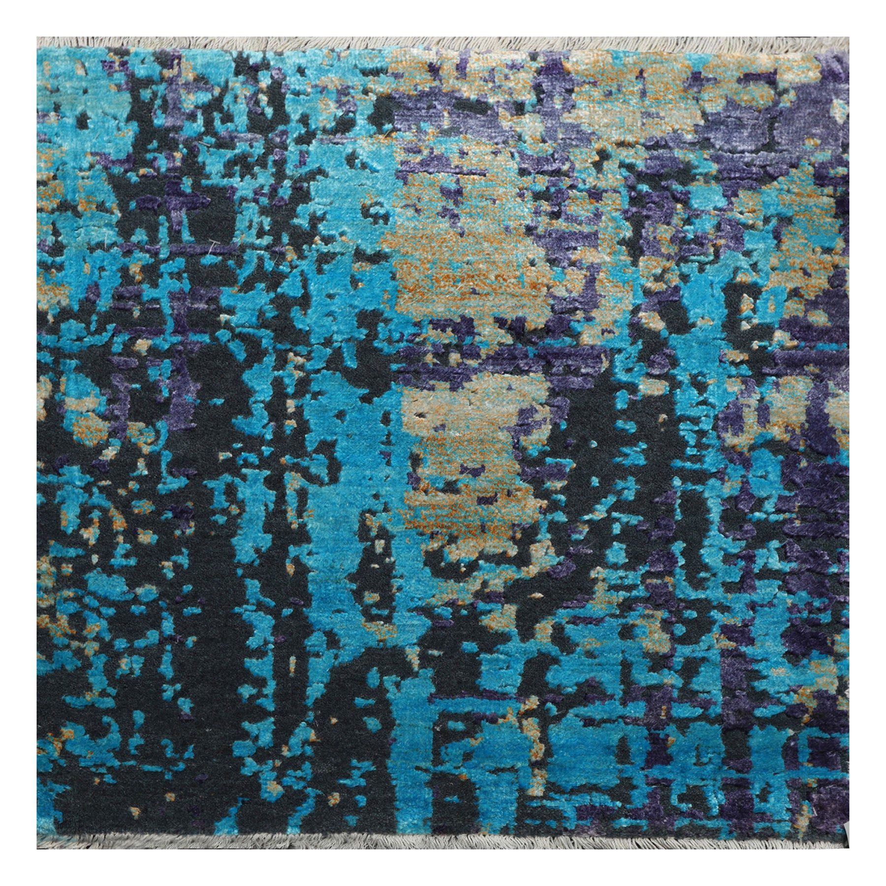 Knotted Rug Turquoise Gray Hand Knotted Square Tibetan Modern Contemporary Wool and Silk Oriental Area Rug