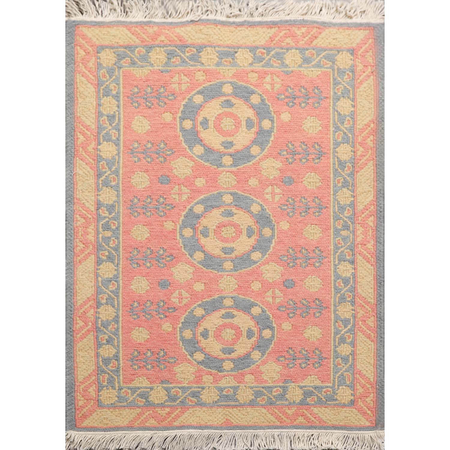 2x3 Rose, Blue, Gold Color Hand Knotted Soumak 100% Wool Transitional Oriental Rug