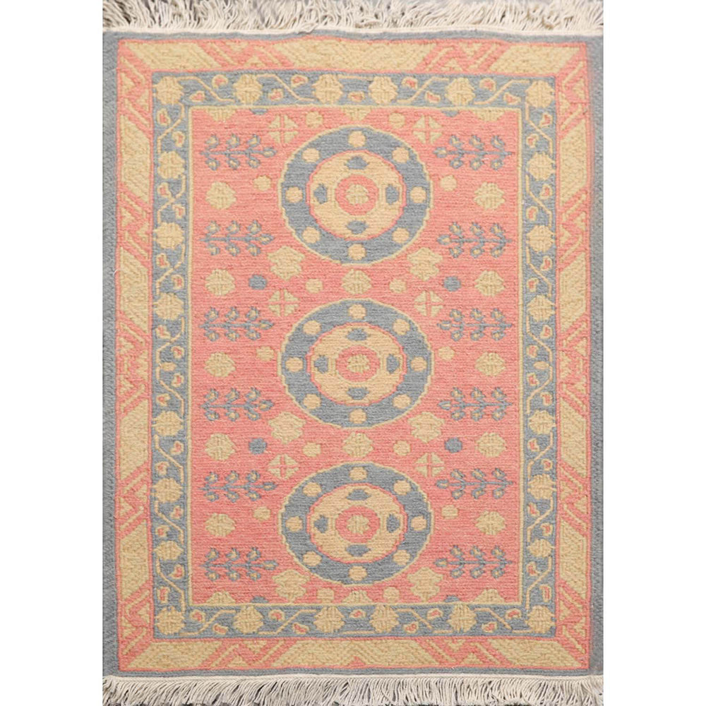 2x3 Rose, Blue, Gold Color Hand Knotted Soumak 100% Wool Transitional Oriental Rug