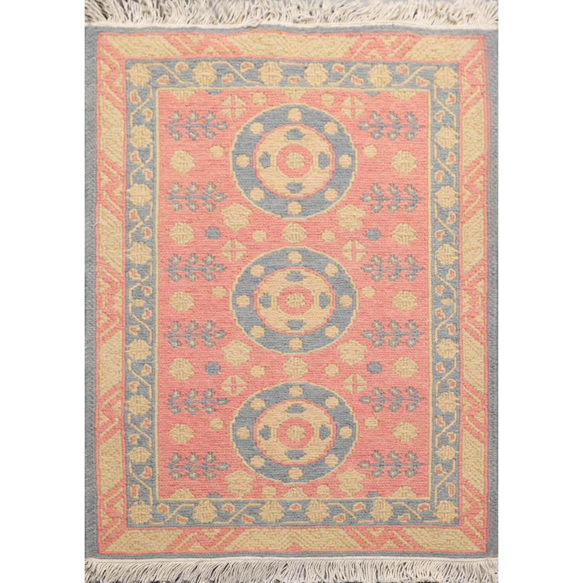 2x3 Rose, Blue, Gold Color Hand Knotted Soumak 100% Wool Transitional Oriental Rug