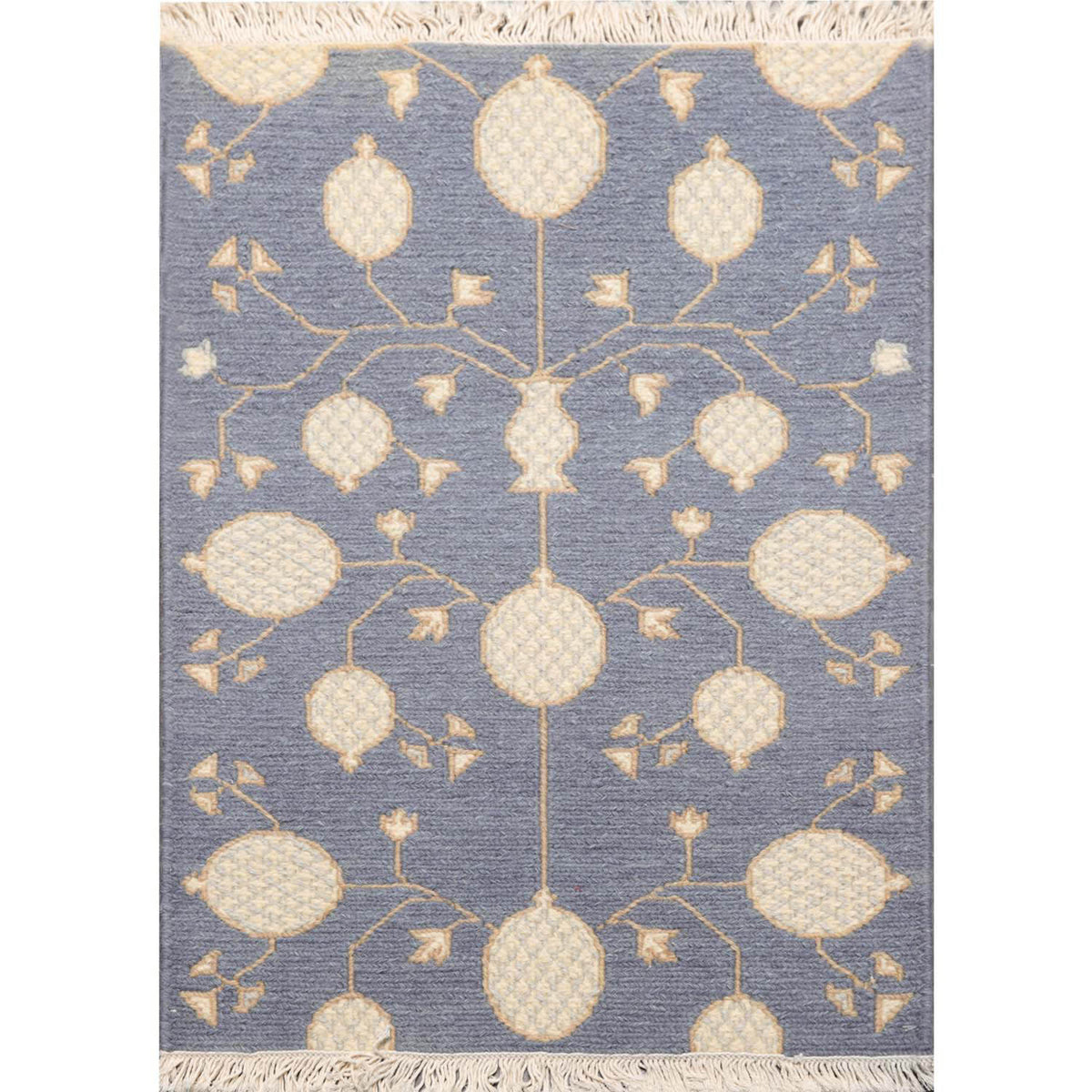 2x3 Blue, Ivory, Tan Color Hand Knotted Soumak 100% Wool Transitional Oriental Rug