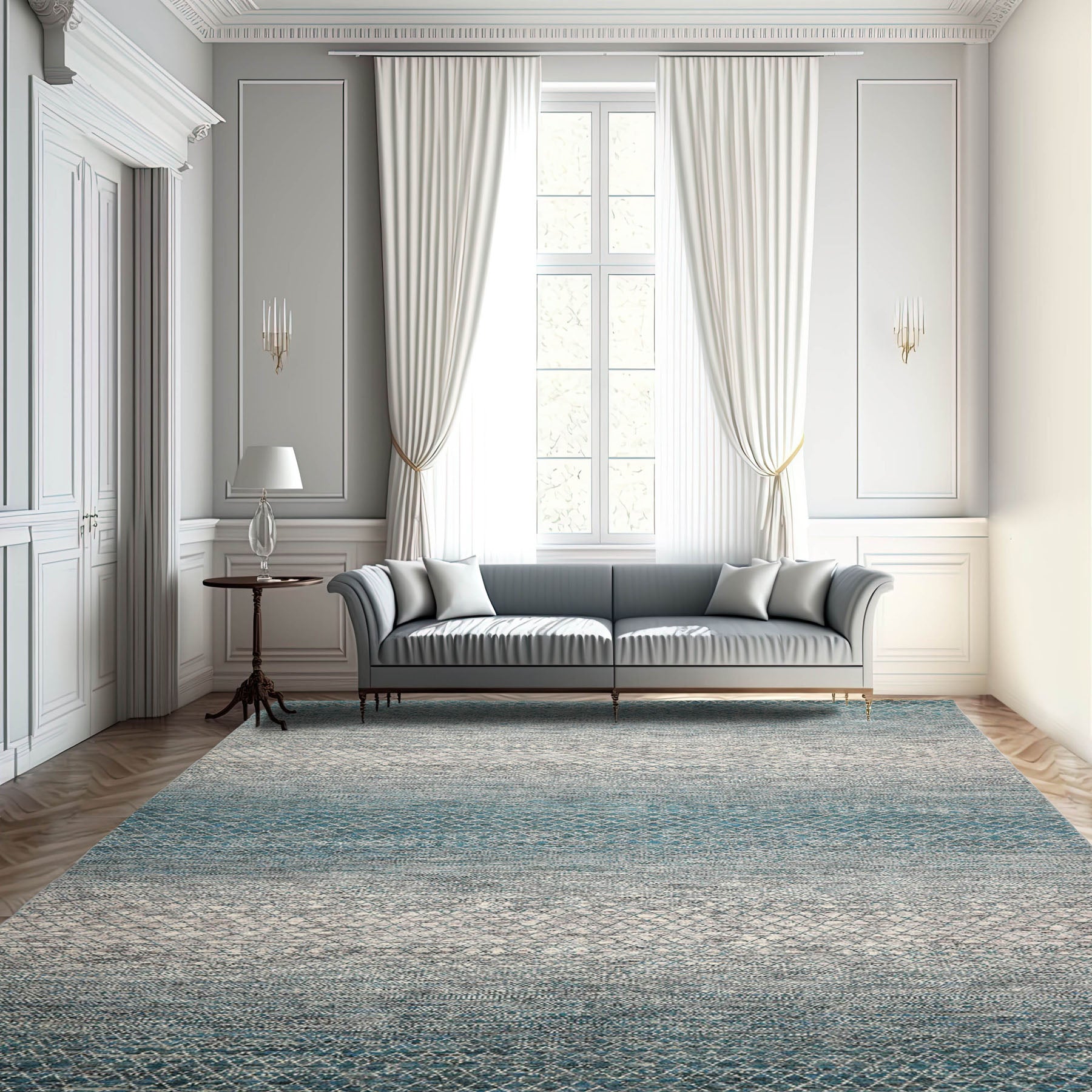 8x10 Cream, Aqua, Gray Color Hand Knotted  100% Wool Modern Oriental Rug