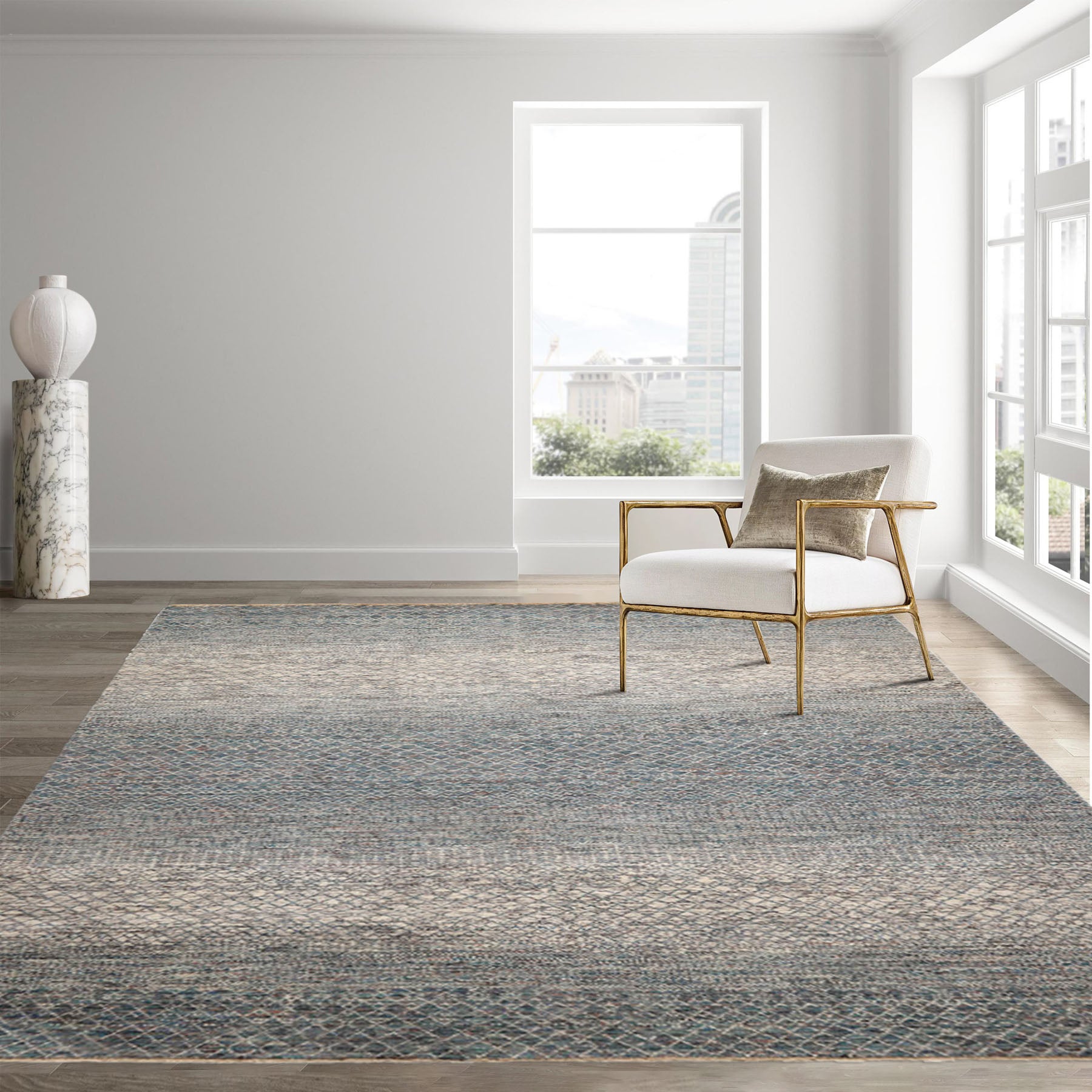 8x10 Ivory, Blue, Aqua Color Hand Knotted  100% Wool Modern Oriental Rug