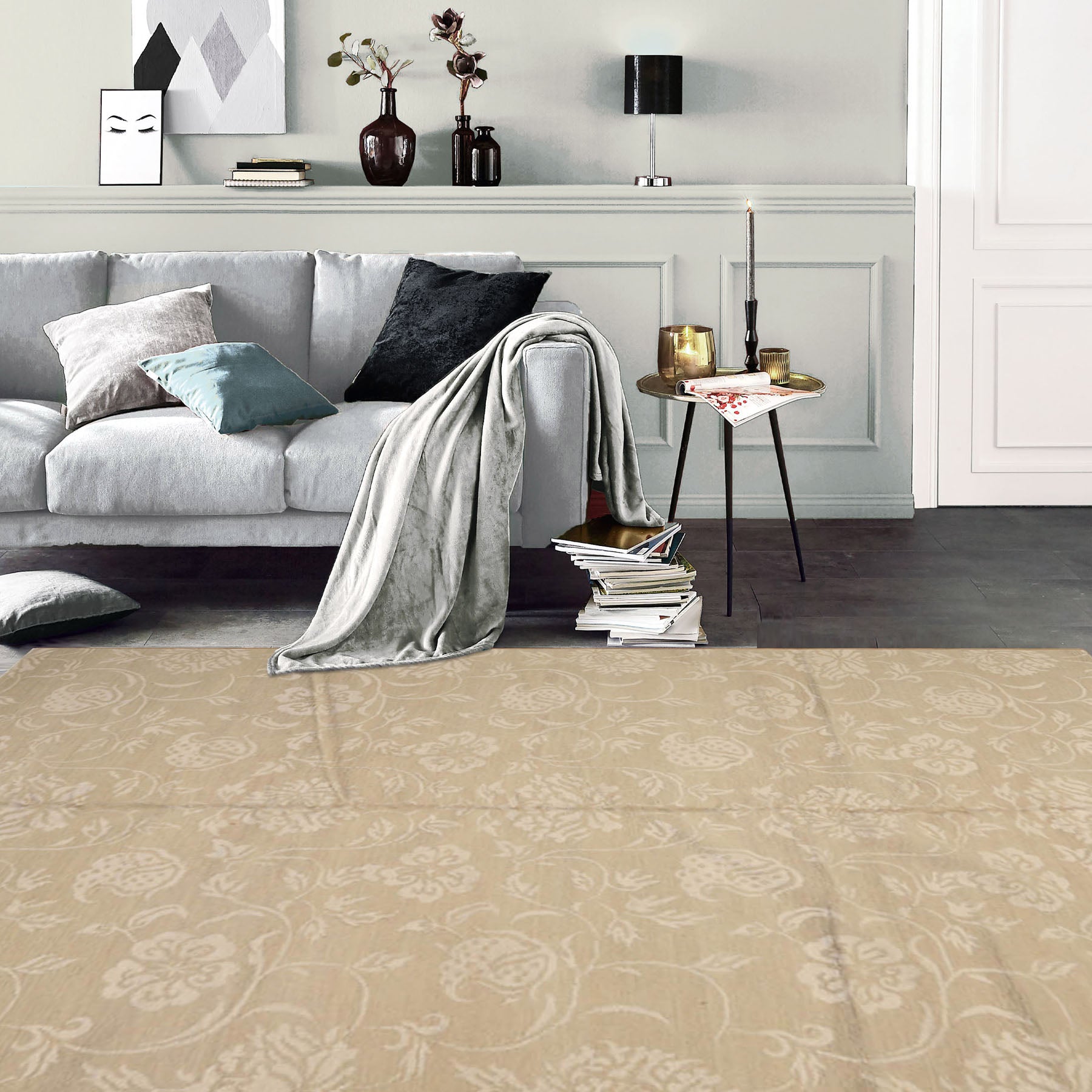6x9 Beige Tone On Tone, , Color Hand Knotted  Wool & Silk Transitional Oriental Rug