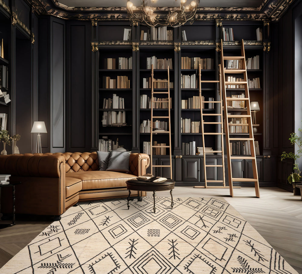 Palace Ivory, Black, Color Hand Knotted Afghan Moroccan wool Modern & Contemporary Oriental Rug