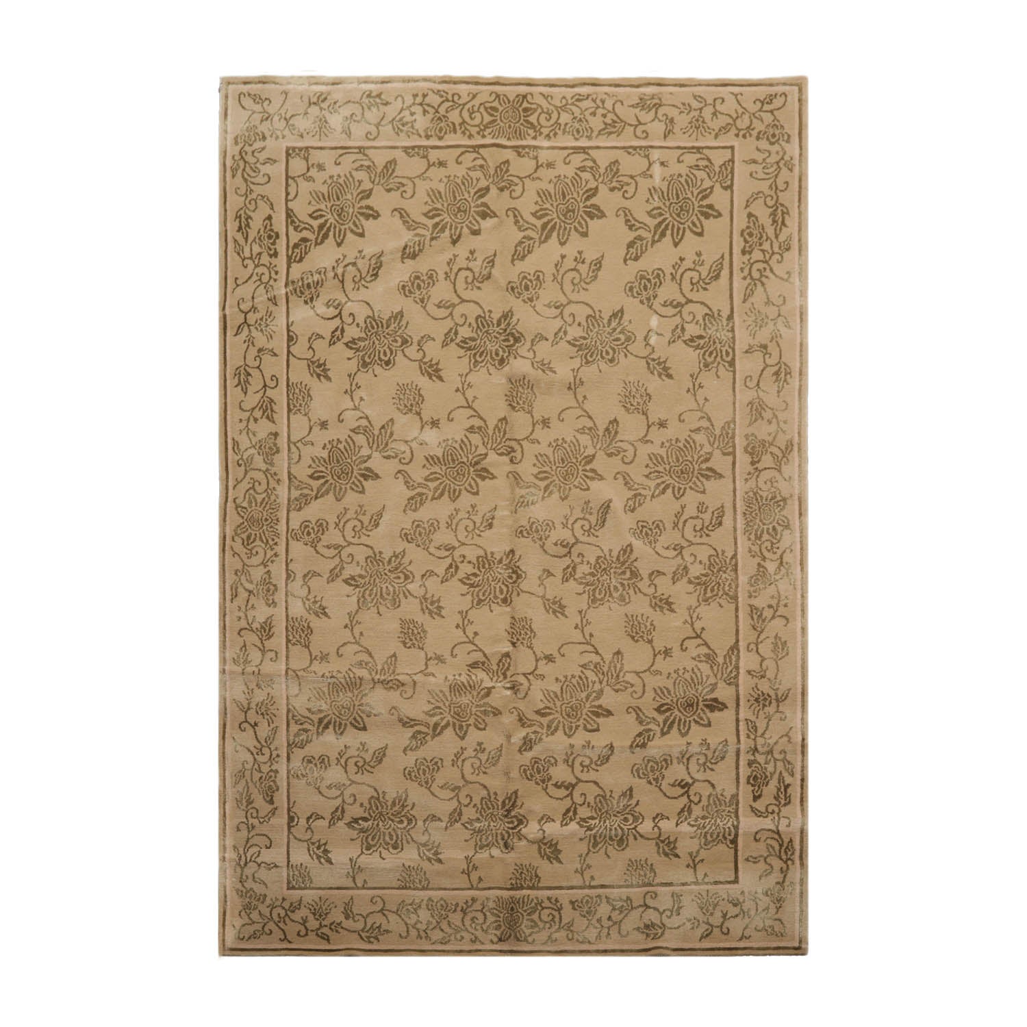 6x9 Tan, Moss, Color Hand Knotted Tibetan Wool & Silk Transitional Oriental Rug
