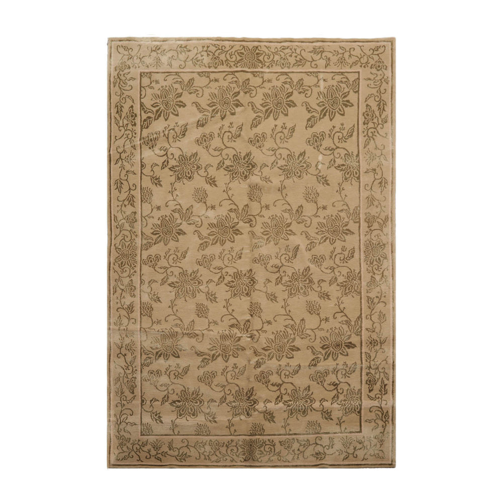 6x9 Tan, Moss, Color Hand Knotted Tibetan Wool & Silk Transitional Oriental Rug