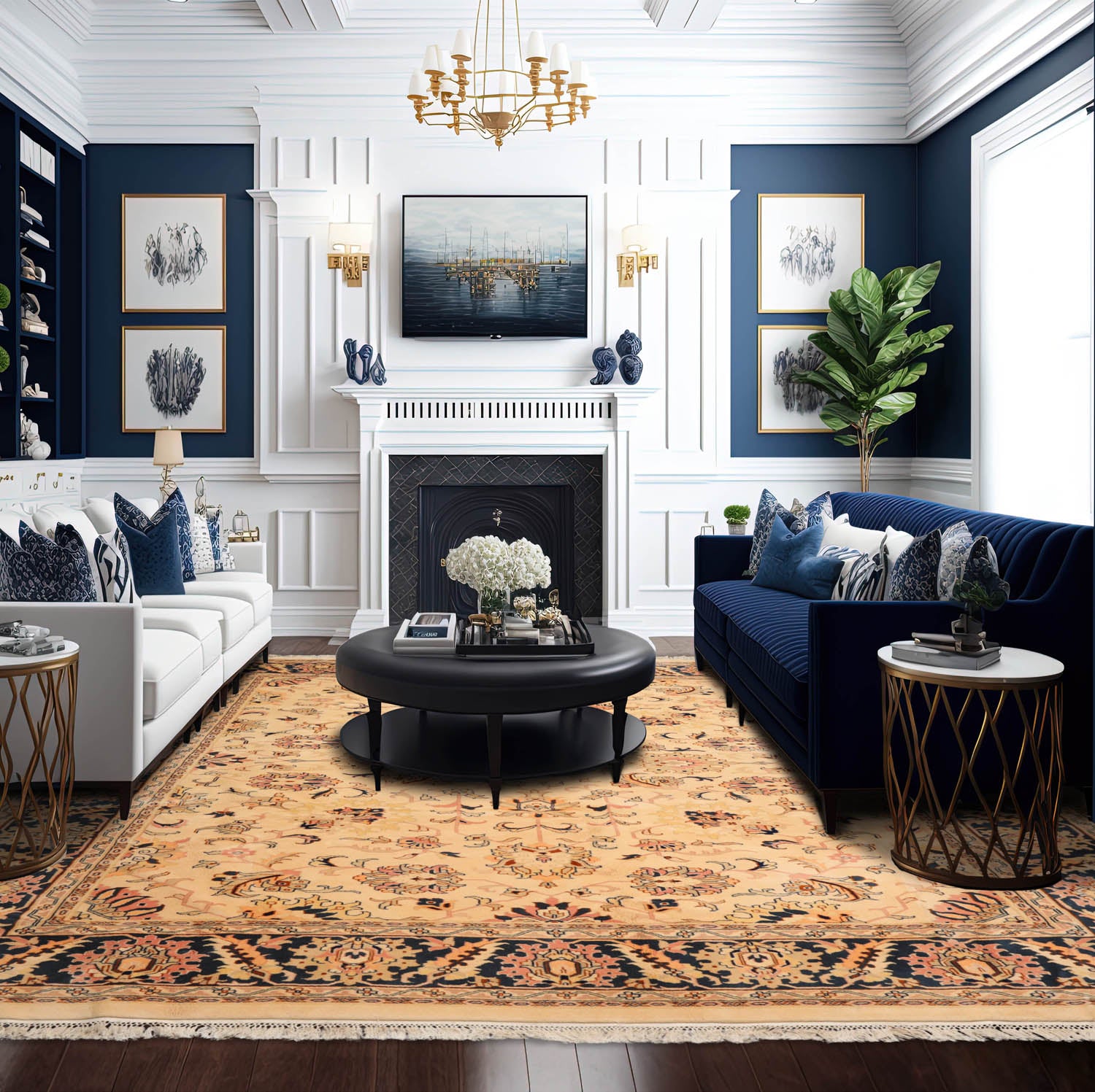 9x12 Tan, Midnight Blue, Blush Color Hand Knotted Agra 100% Wool Traditional Oriental Rug