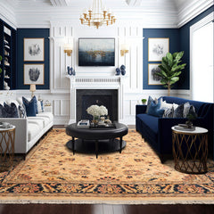 9x12 Tan, Midnight Blue, Blush Color Hand Knotted Agra 100% Wool Traditional Oriental Rug