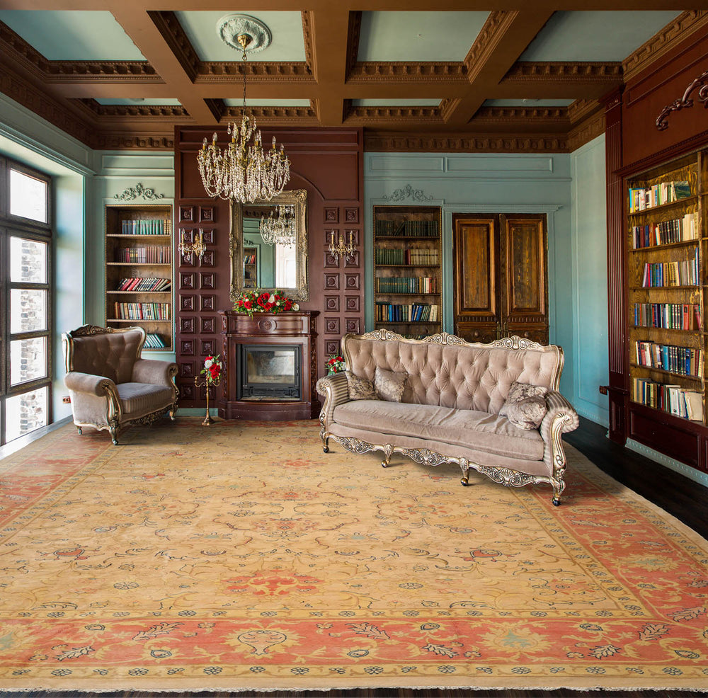 Palace Beige, Blush, Navy Color Hand Knotted  100% Wool Traditional Oriental Rug