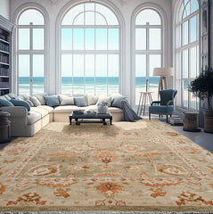 Multi Size Beige Peach Brown Color Hand Knotted Oushak Wool Traditional Oriental Rug