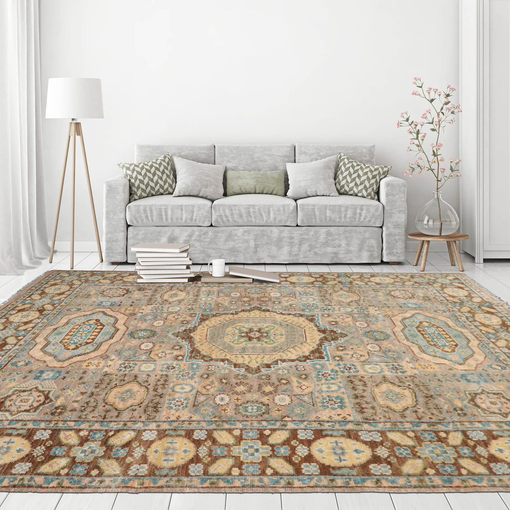 8x10 Taupe, Teal, Gold Color Hand Knotted  100% Wool Traditional Oriental Rug