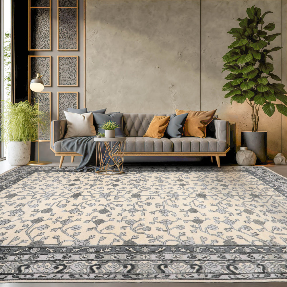 Multi Size Ivory Gray Charcoal Color Hand Knotted Oushak Wool Traditional Oriental Rug