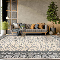 Multi Size Ivory Gray Charcoal Color Hand Knotted Oushak Wool Traditional Oriental Rug