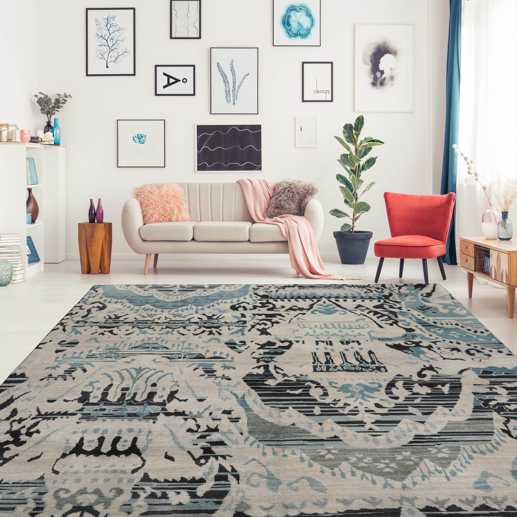 8x11 Gray Beige, Charcoal, Blue Color Hand Knotted  100% Wool Modern Oriental Rug