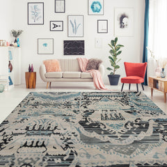 8x11 Gray Beige, Charcoal, Blue Color Hand Knotted  100% Wool Modern Oriental Rug