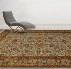 6x9 Aqua, Champagne, Brown Color Hand Knotted Agra 100% Wool Traditional Oriental Rug