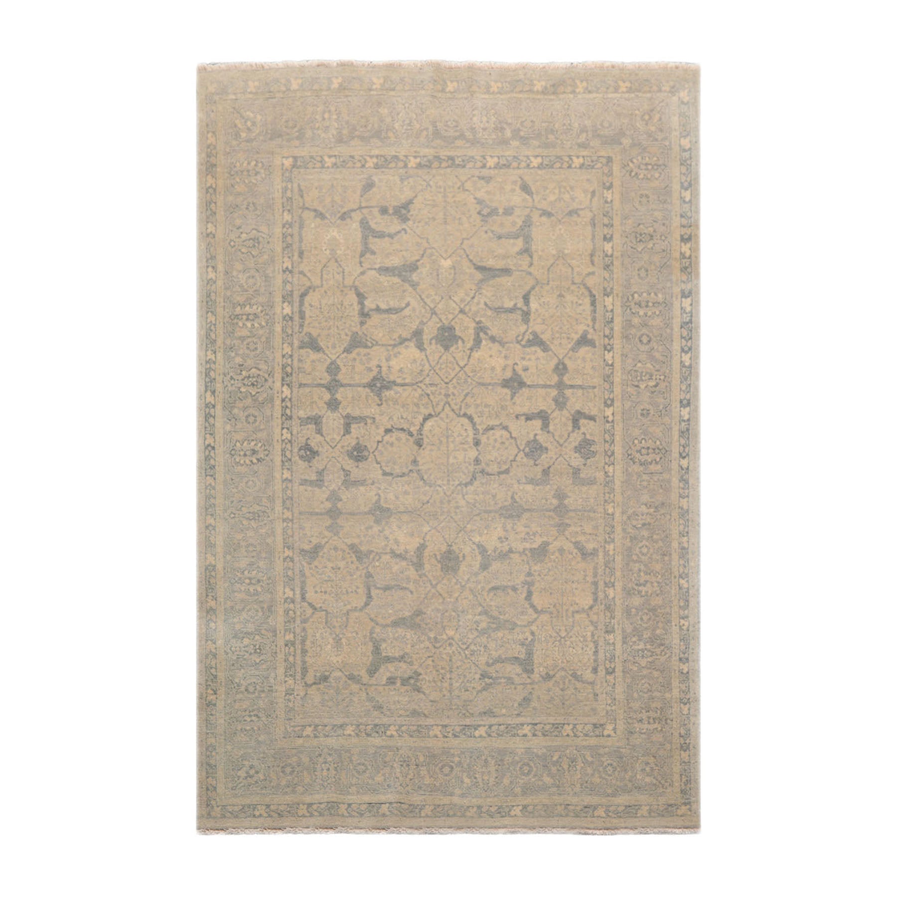Knotted Rug Beige Gray Hand Knotted 5'x7' Tibetan Transitional 100% Wool Oriental Area Rug