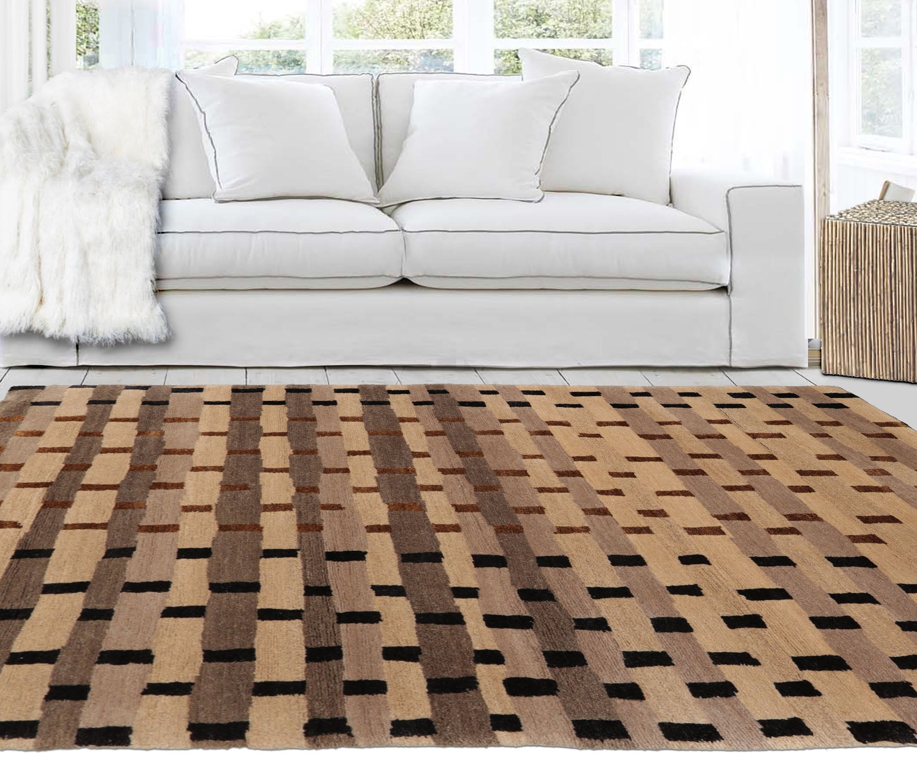 3x5 Tan, Beige, Gray Color Hand Knotted Tibetan Wool & Silk Transitional Oriental Rug