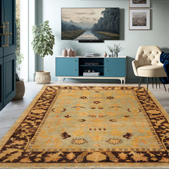 6x9 Pale Aqua, Chocolate, Gold Color Hand Knotted Oushak 100% Wool Traditional Oriental Rug