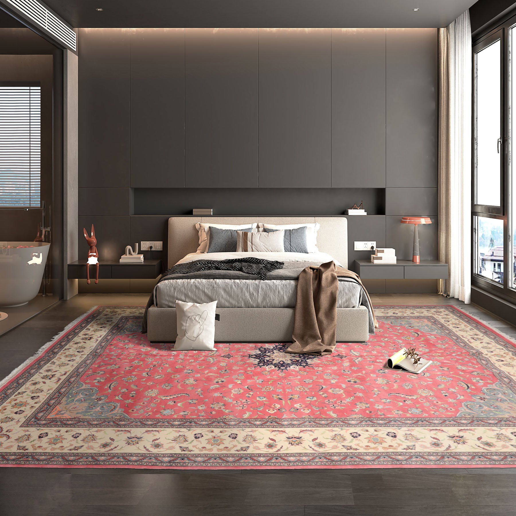 9x13 Raspberry, Ivory, Gray Color Hand Knotted Nain 100% Wool Traditional Oriental Rug