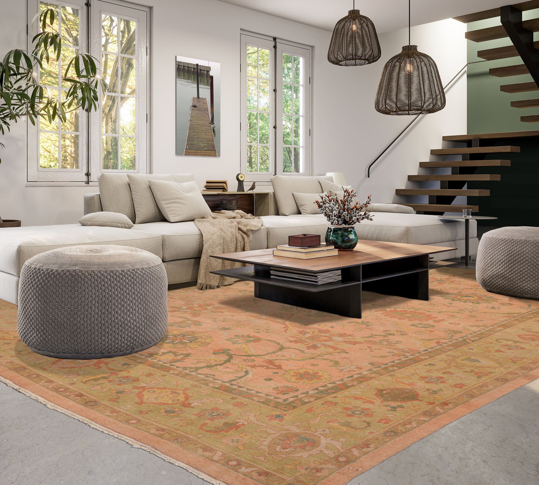 10x14 Raspberry, Pistacchio, Gold Color Hand Knotted Oushak 100% Wool Traditional Oriental Rug