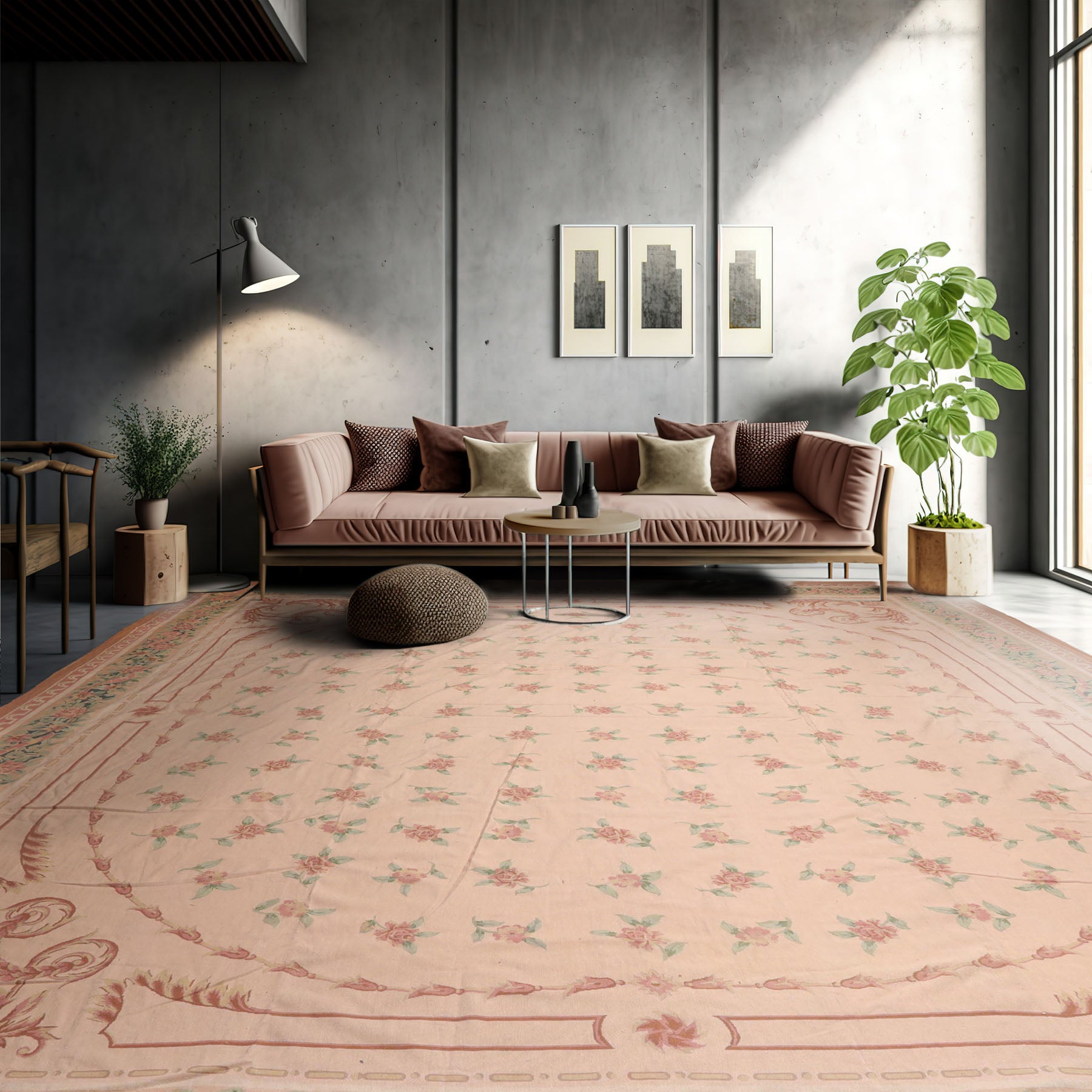 Palace Blush, Peach, Green Color Hand Knotted French Aubusson 100% Wool Traditional Oriental Rug