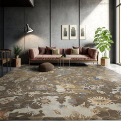 Square Brown, Tan, Beige Color Hand Knotted Oushak 100% Wool Traditional Oriental Rug