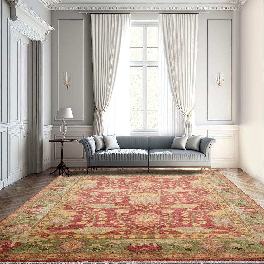 Multi Size Raspberry Green Gold Color Hand Knotted Oushak Wool  Oriental Rug