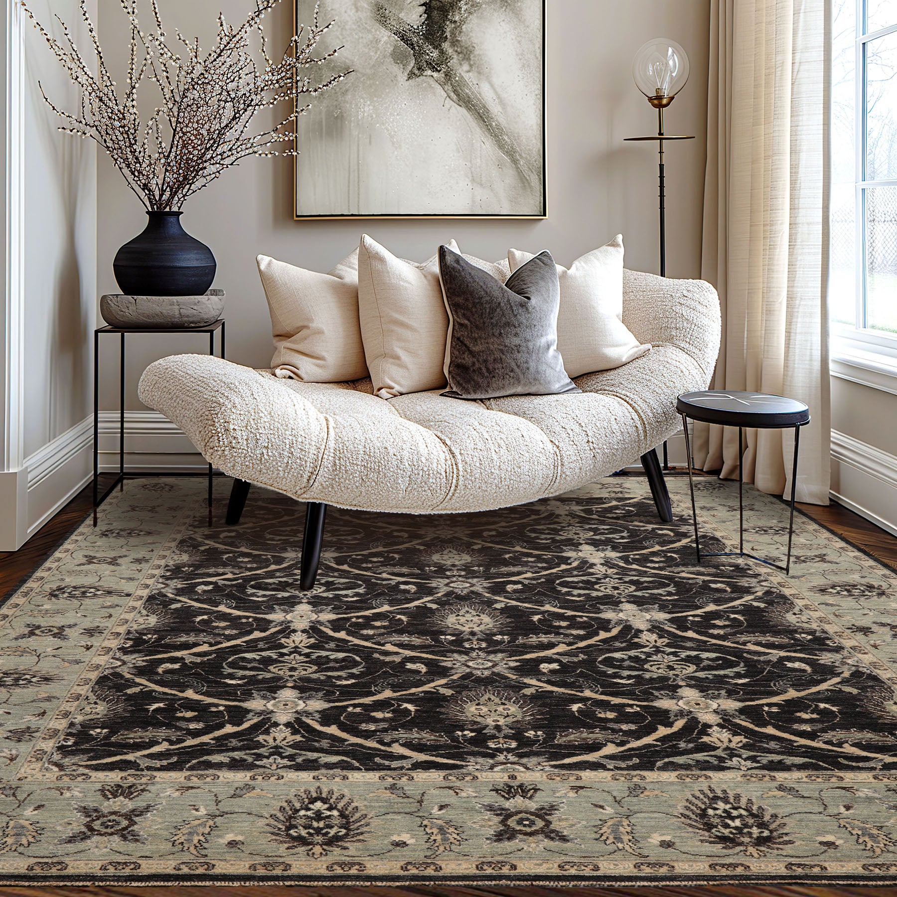 9x12 Black, Charcoal, Mint Color Hand Knotted Agra 100% wool Traditional Oriental Rug