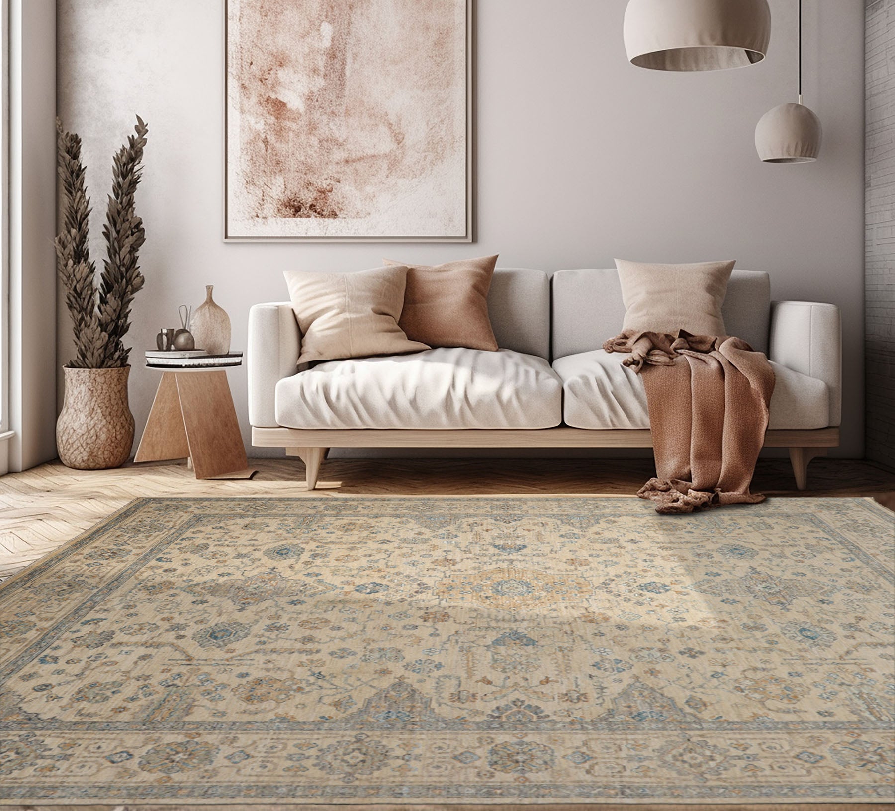 8x10 Beige, Gold, Aqua Color Hand Knotted Oushak Wool Traditional Oriental Rug