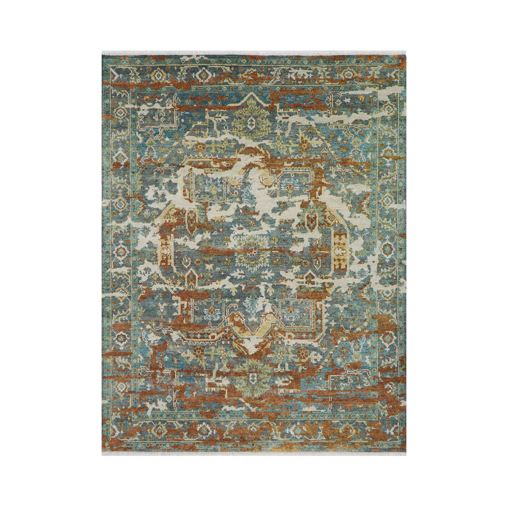 8x10 Beige, Rust, Aqua Color Hand Knotted  100% Wool Transitional Oriental Rug