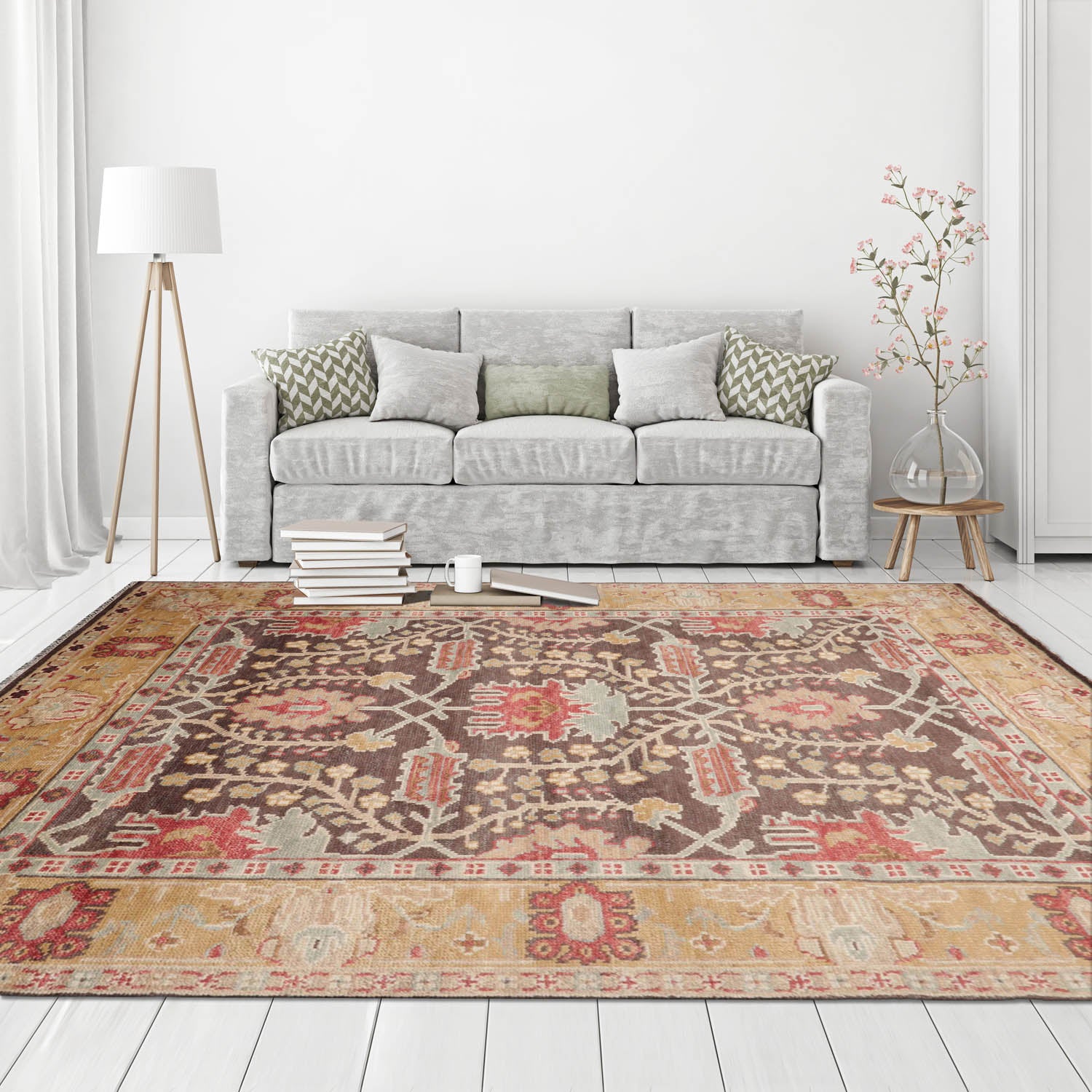 Multi Size Brown Mustard Beige Color Hand Knotted William Morris Wool  Oriental Rug