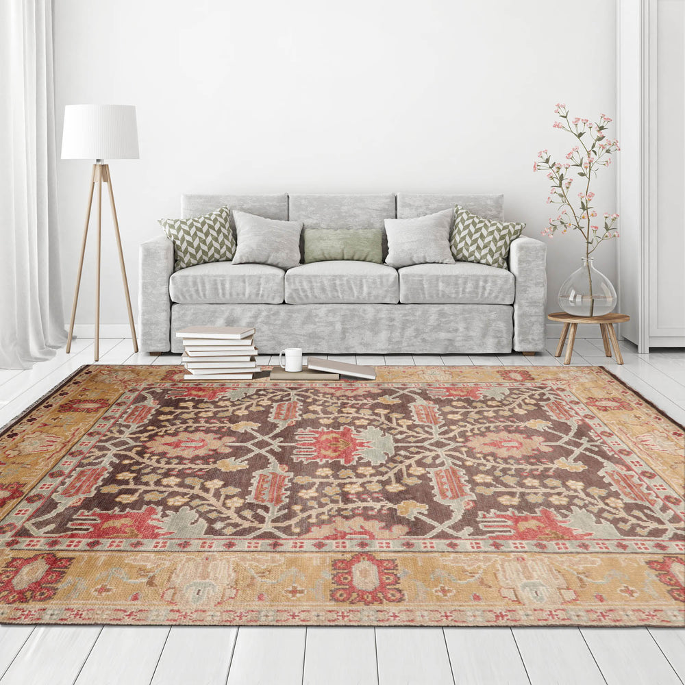 Multi Size Brown Mustard Beige Color Hand Knotted William Morris Wool  Oriental Rug