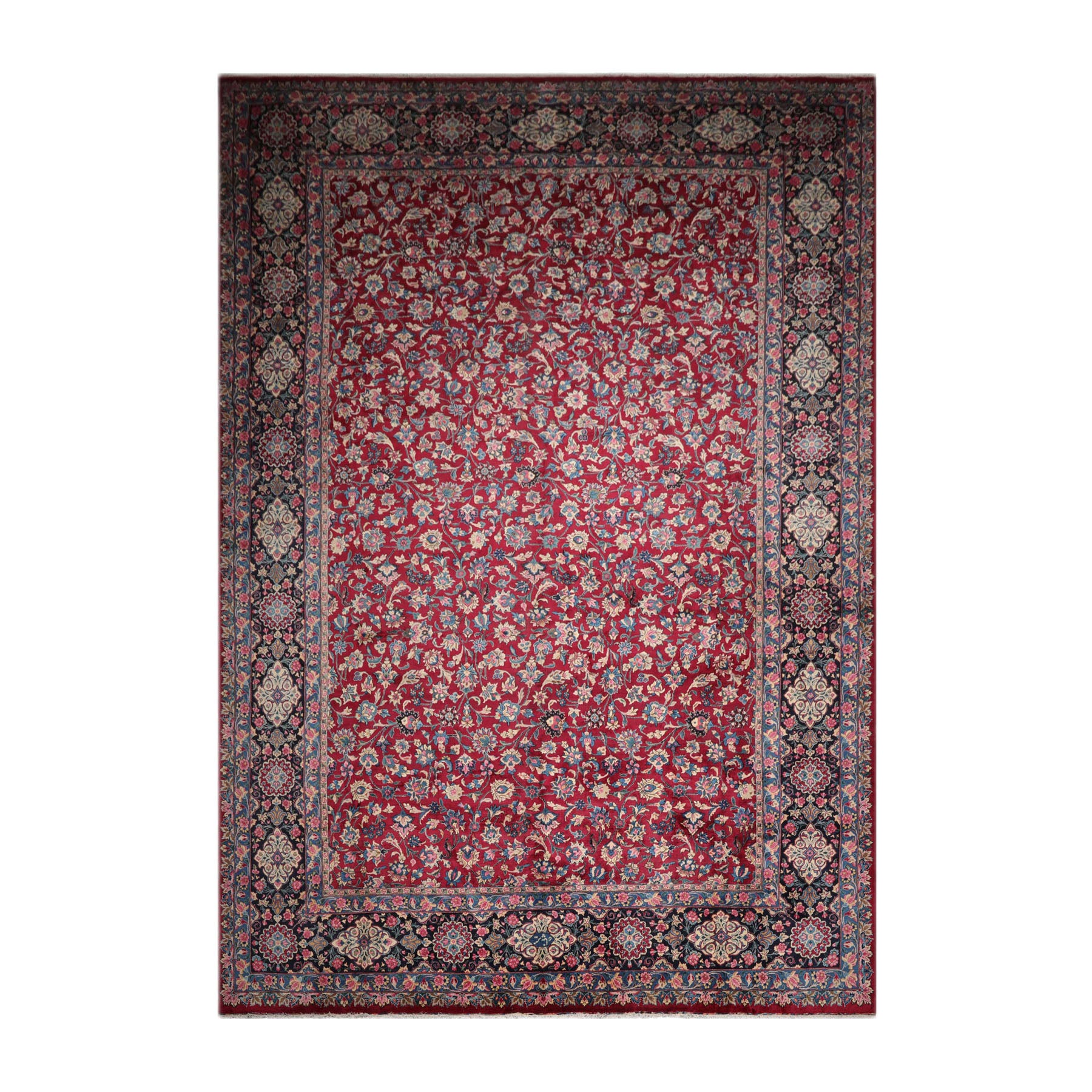 Knotted Rug Burgundy Navy Hand Knotted Palace Size Mashad Traditional 200 KPSI 100% Wool Oriental Area Rug