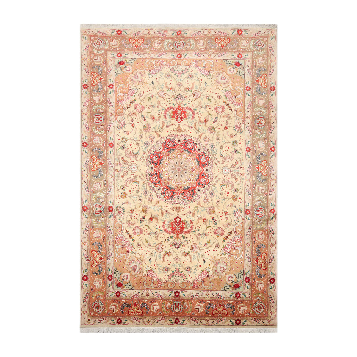 Knotted Rug Ivory Peach Hand Knotted 6'x9' Tabriz Traditional 300 KPSI Wool and Silk Oriental Area Rug