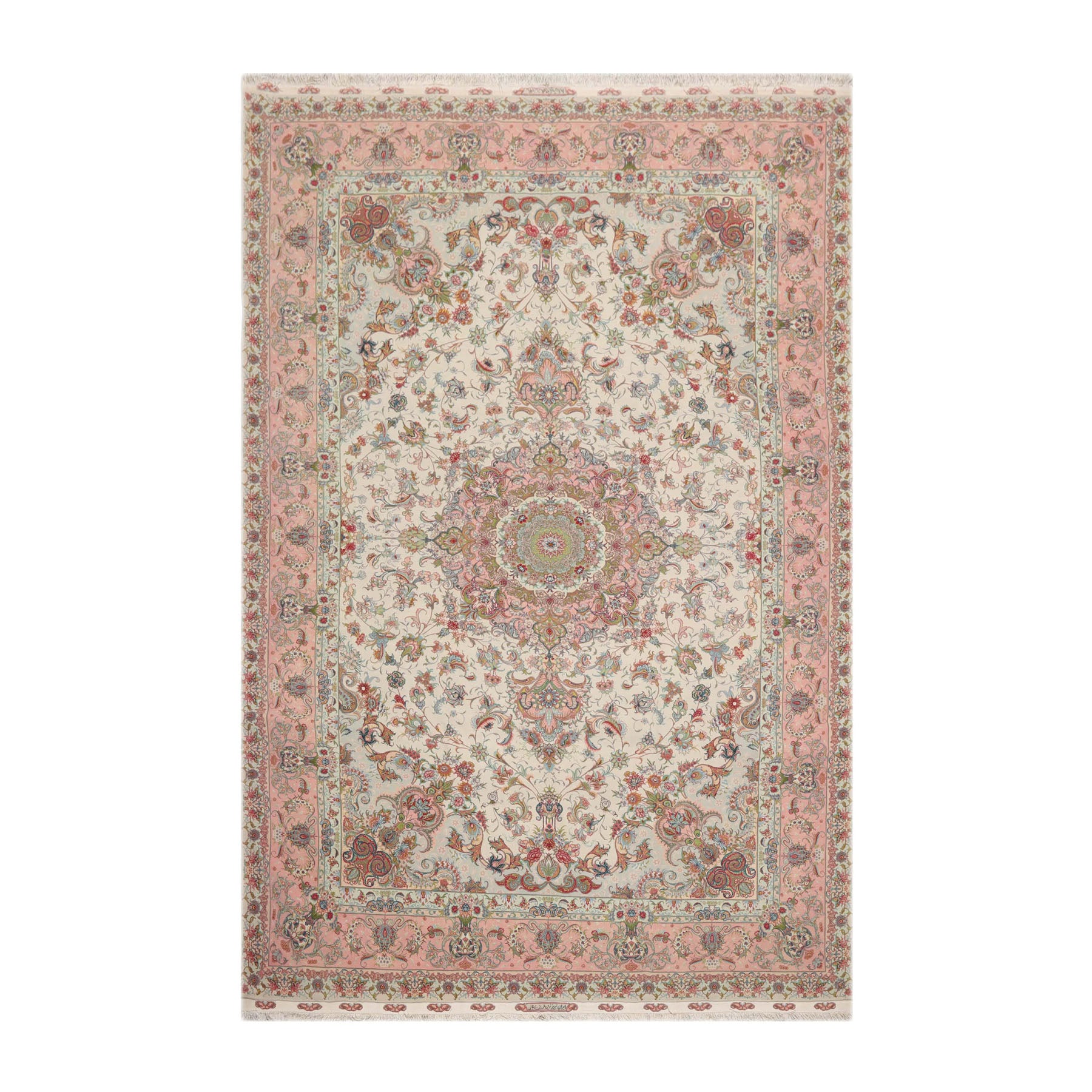 Knotted Rug Ivory Blush Hand Knotted 6'x9' Tabriz Master Weaver Signed Traditional 400 KPSI Wool and Silk Oriental Area Rug