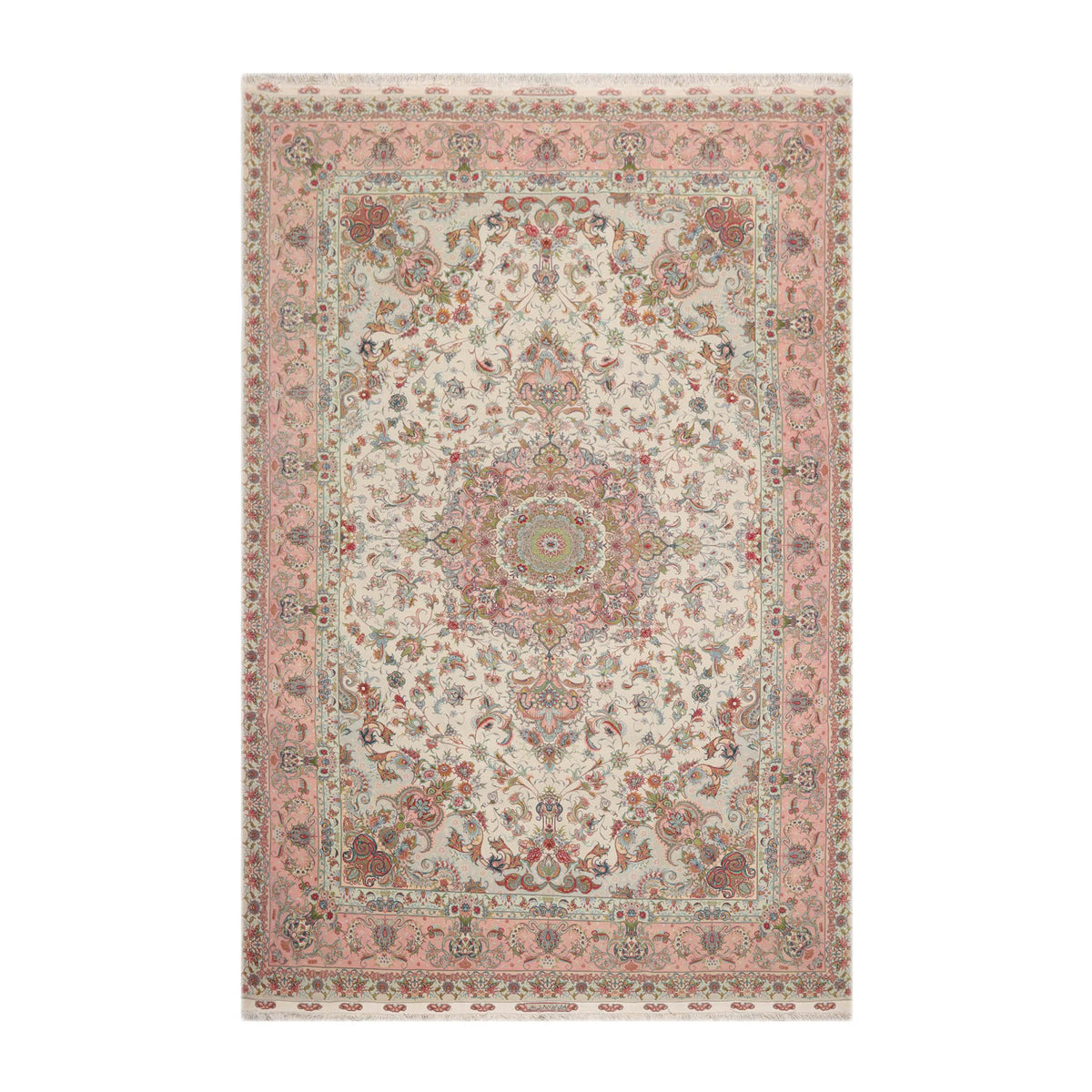Knotted Rug Ivory Blush Hand Knotted 6'x9' Tabriz Master Weaver Signed Traditional 400 KPSI Wool and Silk Oriental Area Rug
