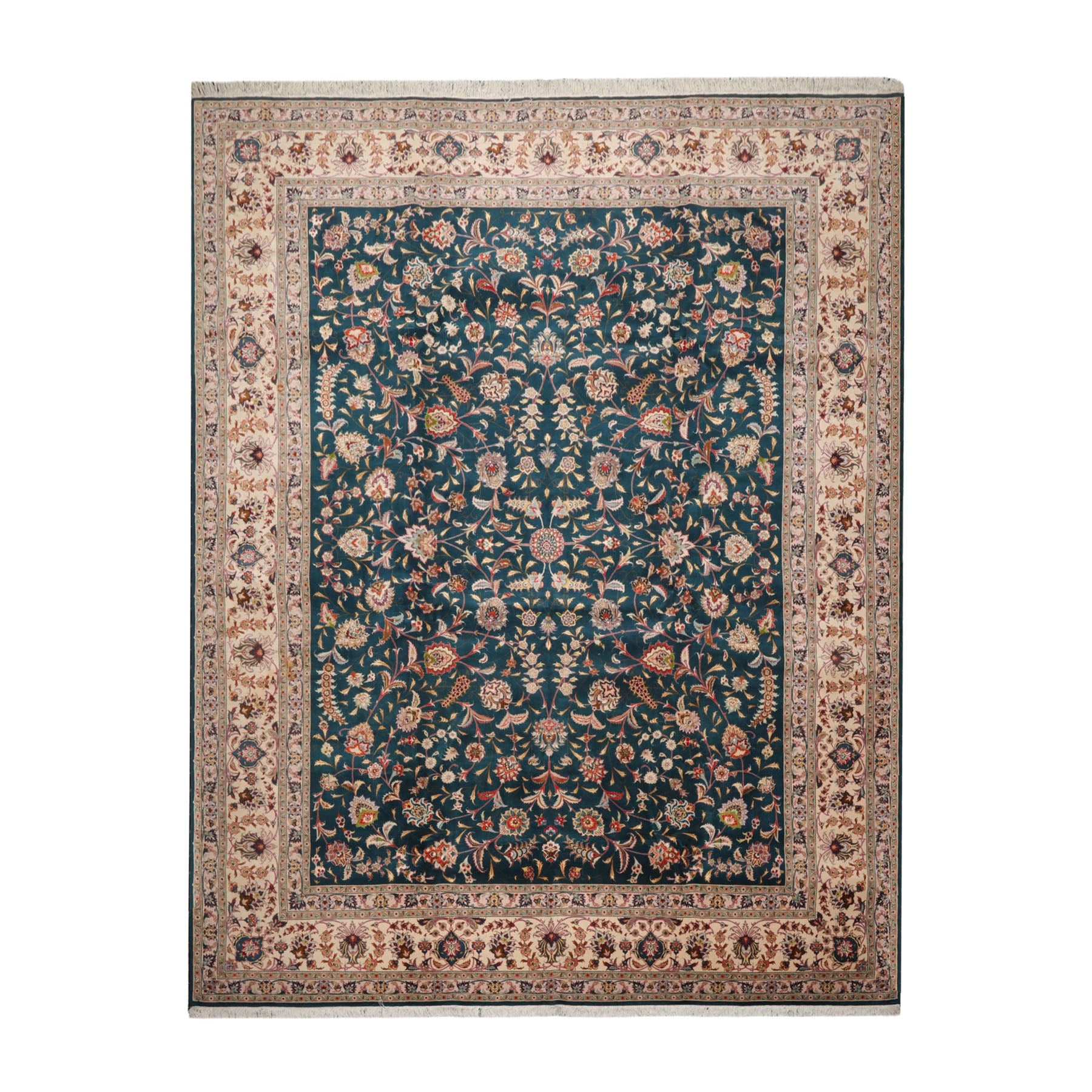 Knotted Rug Teal Beige Hand Knotted 10'x14' Tabriz Traditional 400 KPSI Wool and Silk Oriental Area Rug