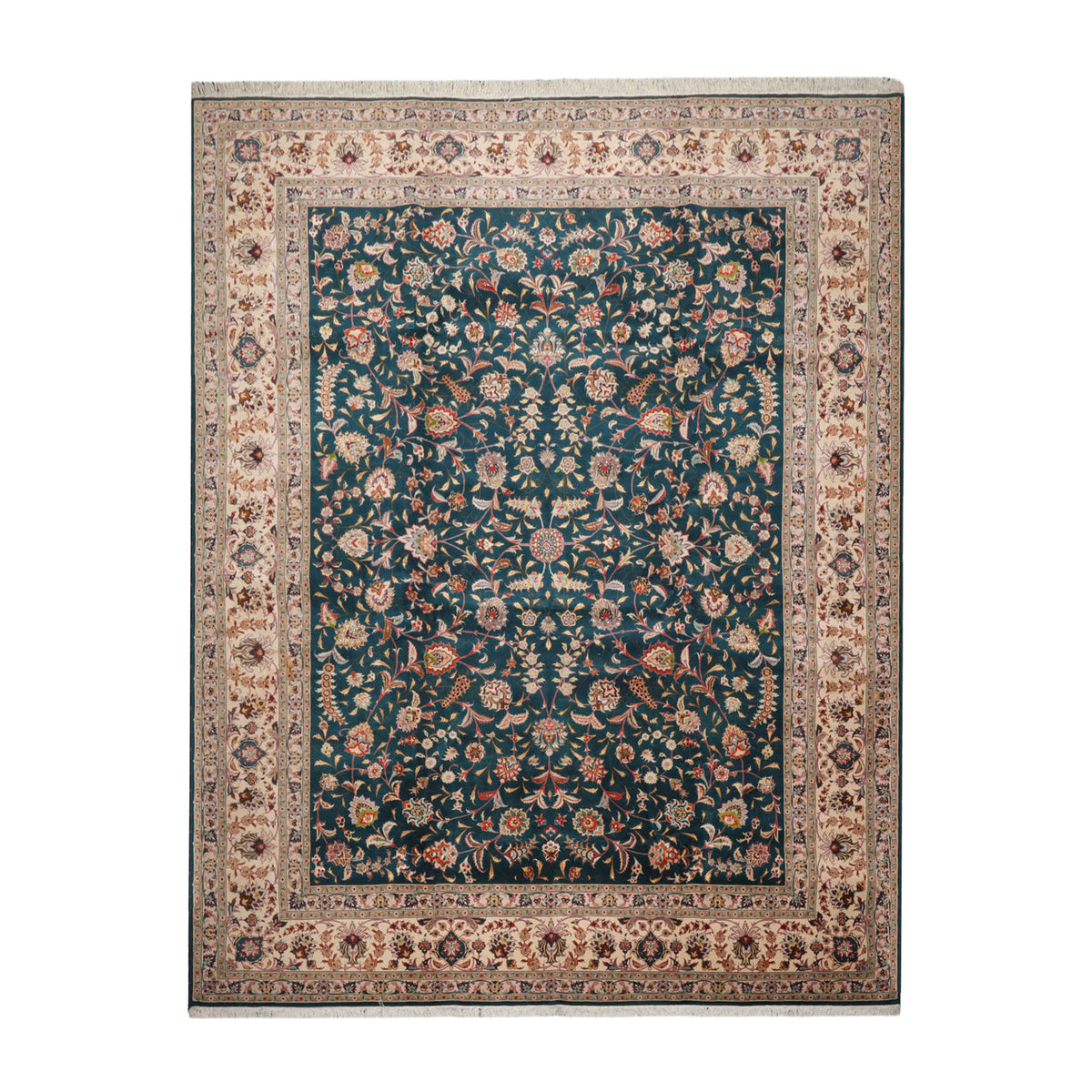 Knotted Rug Teal Beige Hand Knotted 10'x14' Tabriz Traditional 400 KPSI Wool and Silk Oriental Area Rug