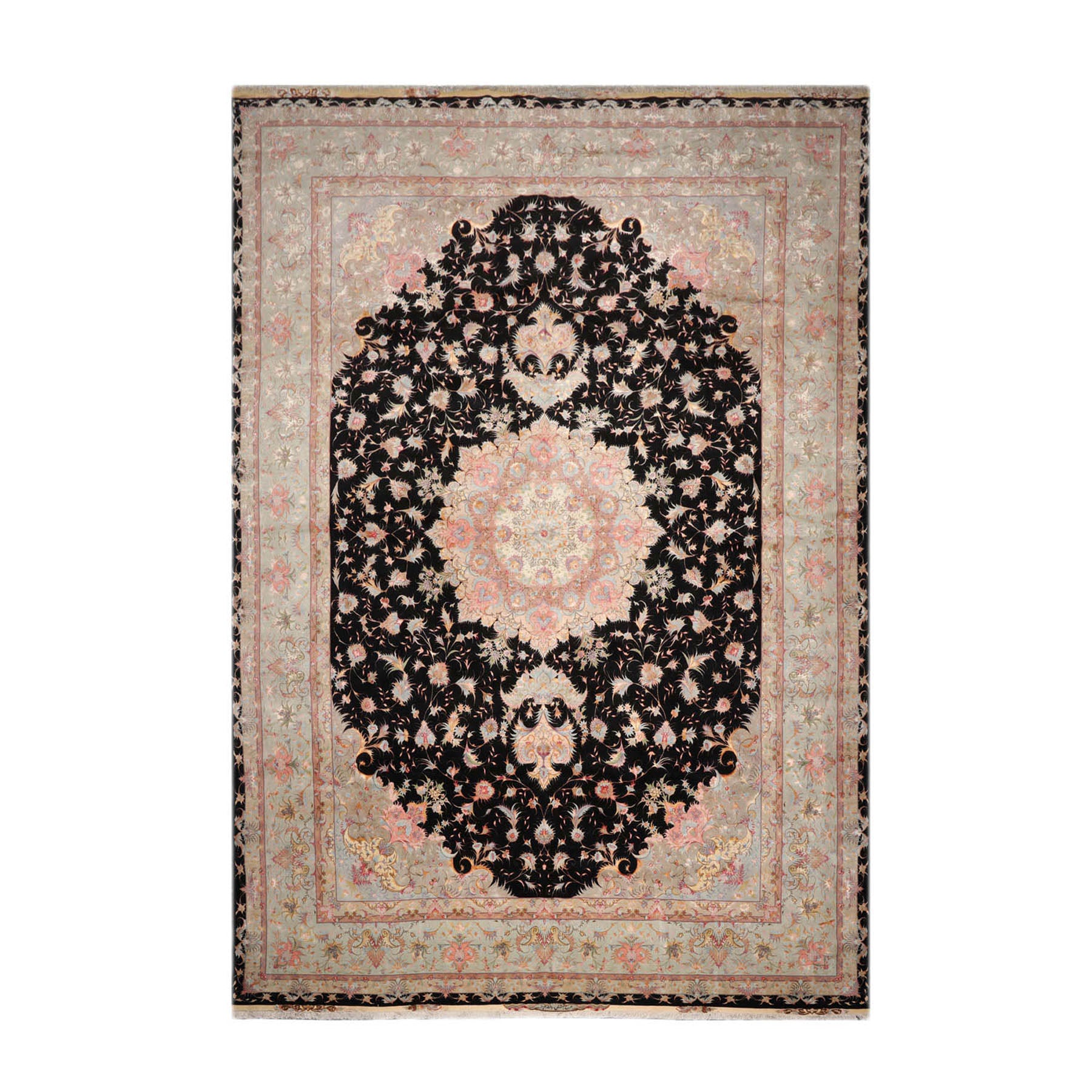 Knotted Rug Black Aqua Hand Knotted Palace Size Tabriz Traditional 400 KPSI Wool and Silk Oriental Area Rug