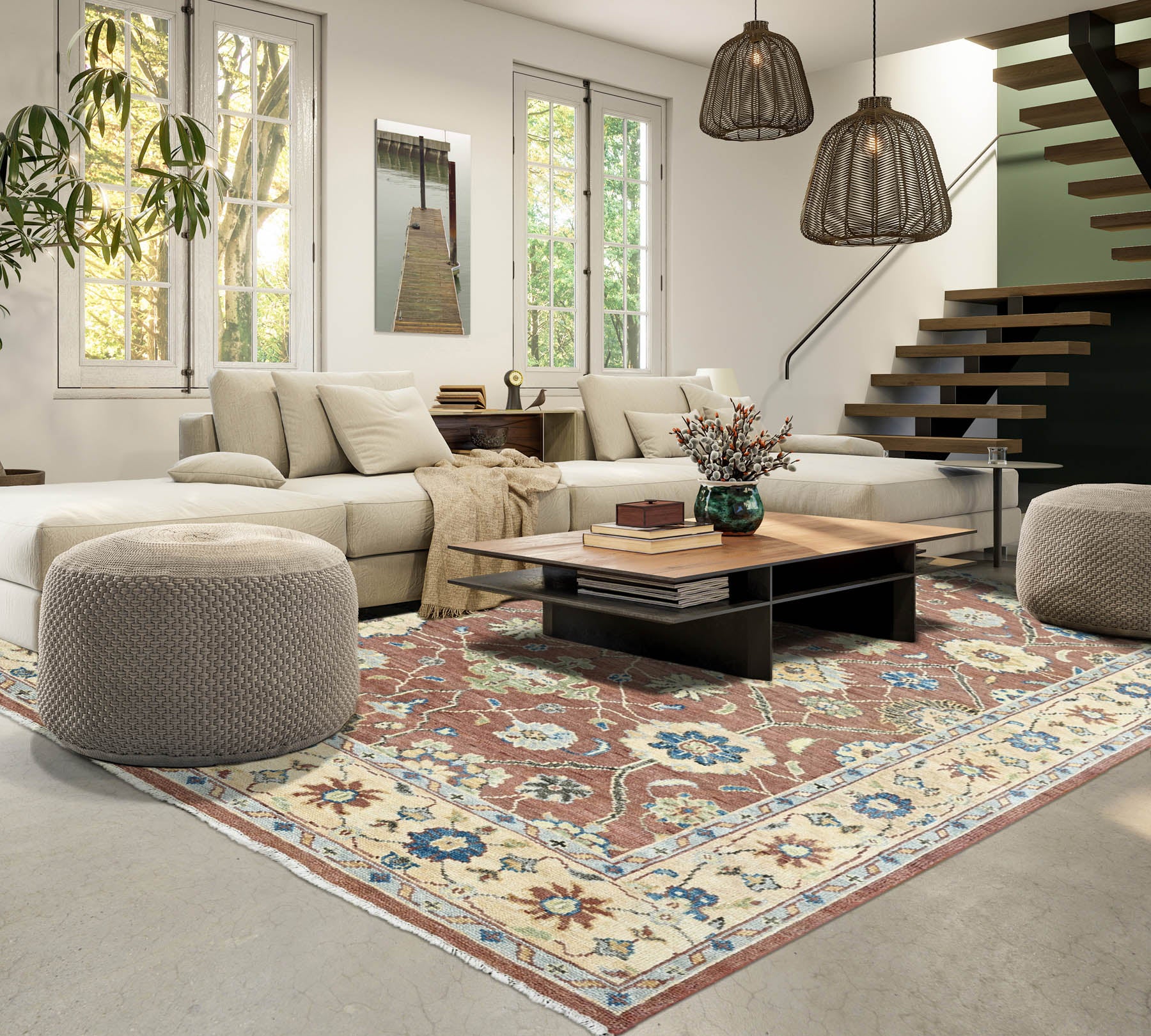 Multi Size Brown Beige Sage Color Hand Knotted Indo Oushak Wool Traditional Oriental Rug