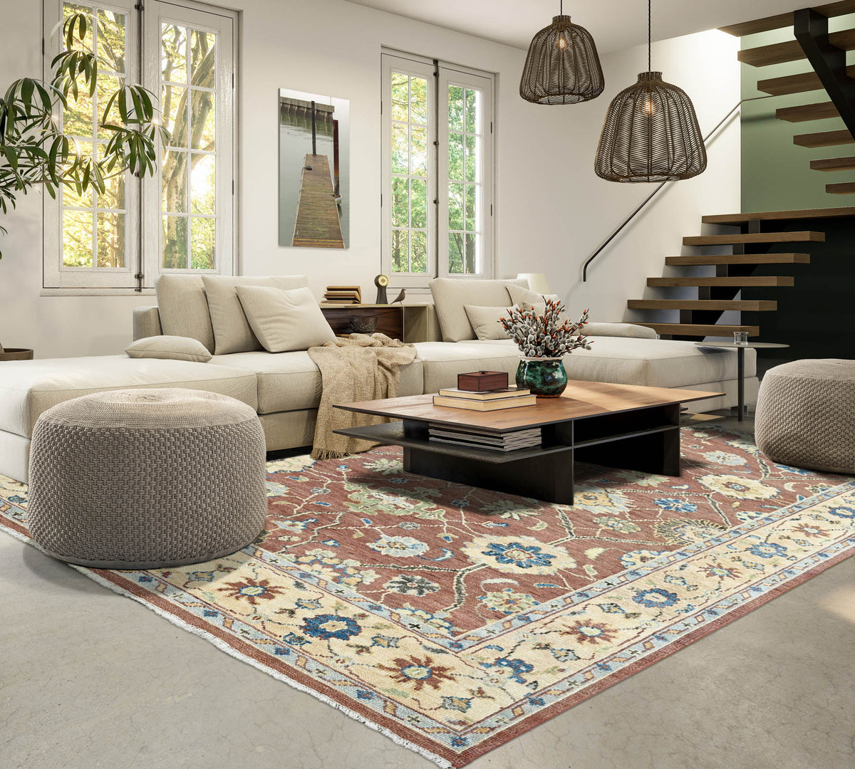 Multi Size Brown Beige Sage Color Hand Knotted Indo Oushak Wool Traditional Oriental Rug