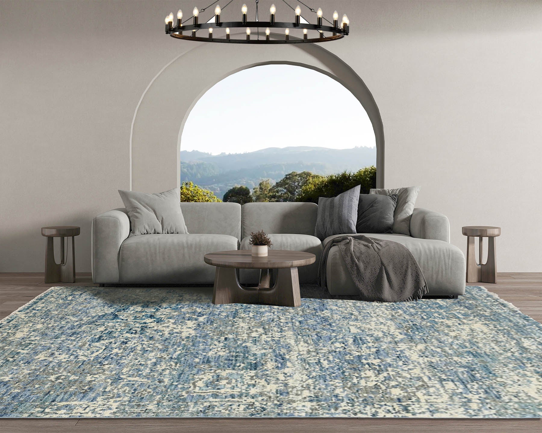 Multi Size Beige Blue Gray Color Hand Knotted Indo Oushak Wool Transitional Oriental Rug