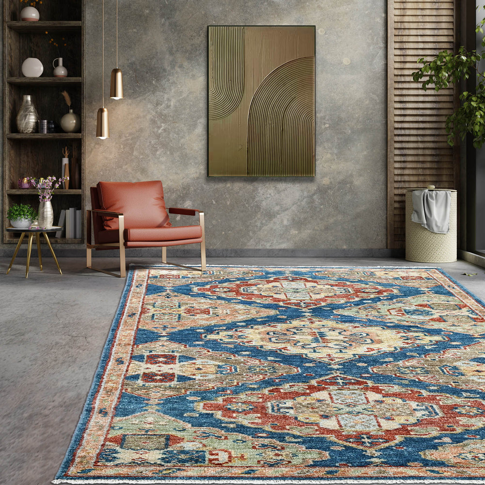 Multi Size Blue Rust Beige Color Hand Knotted Oushak Wool  Oriental Rug
