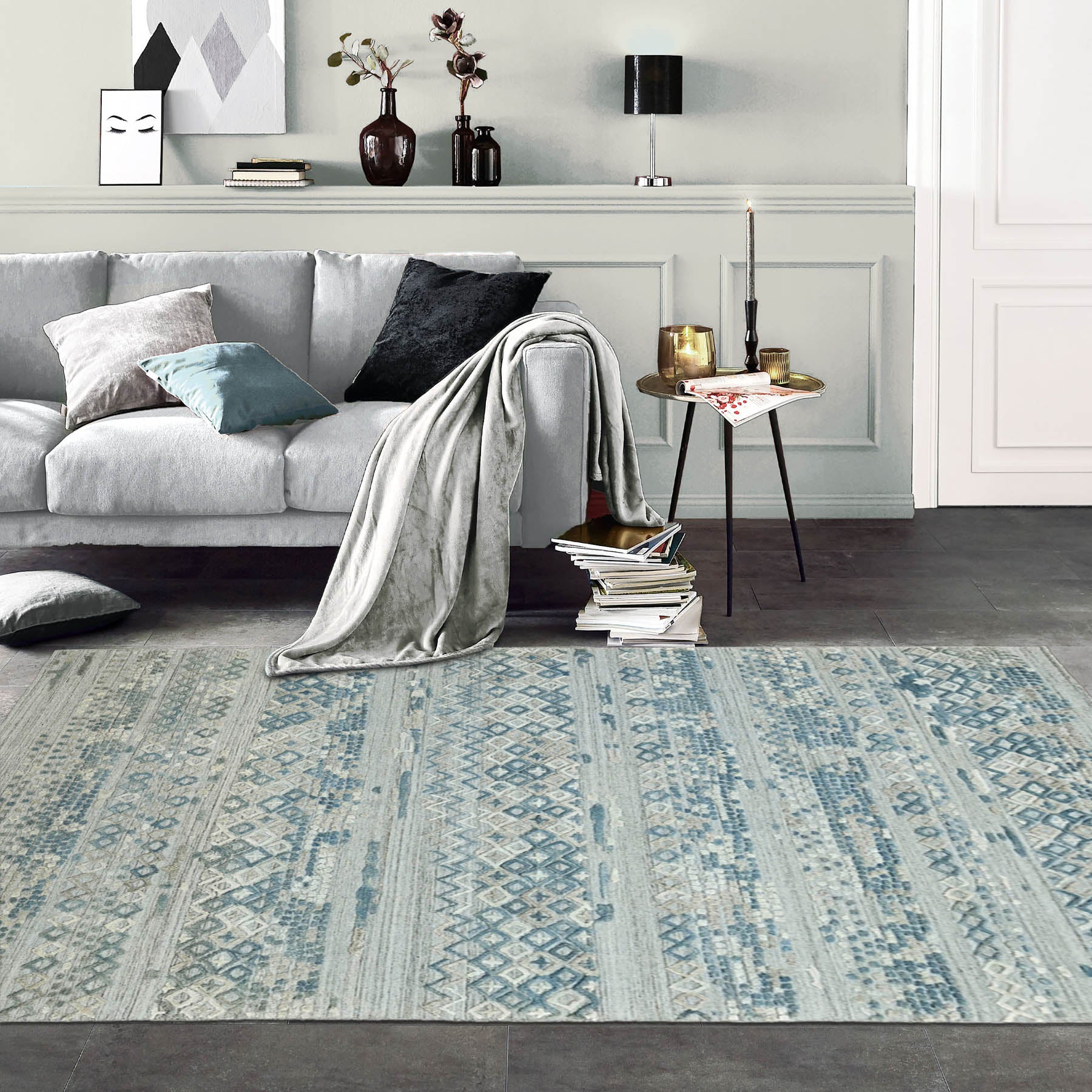6x9 Gray, Blue, Color Hand Knotted  100% Wool Modern & Contemporary Oriental Rug