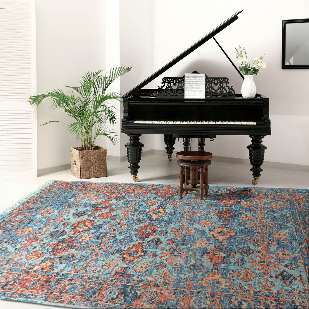 Multi Size Blue Burnt Orange Peach Color Hand Knotted Indo Oushak Wool Traditional Oriental Rug