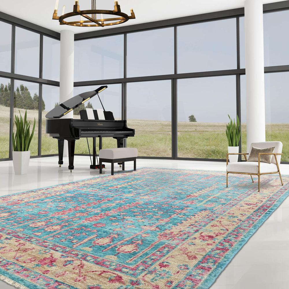 Multi Size Turquoise Light Gold Rose Color Hand Knotted Indo Oushak Wool Traditional Oriental Rug